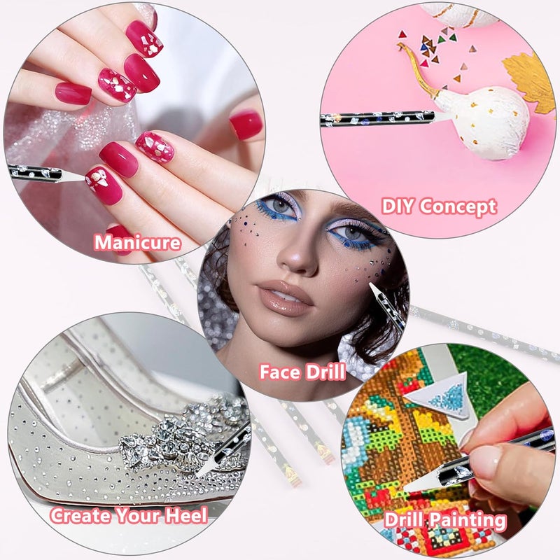 BOMOQING 10 Pencil for Rhinestones Pick up,Wax Rhinestone Picker Tool Pencil Nail Dotting Applicator White Bead Sorting Tray Triangular Plate 1 Pencil Sharpener, 1 Tweezers for Nail Art DIY - Image 5